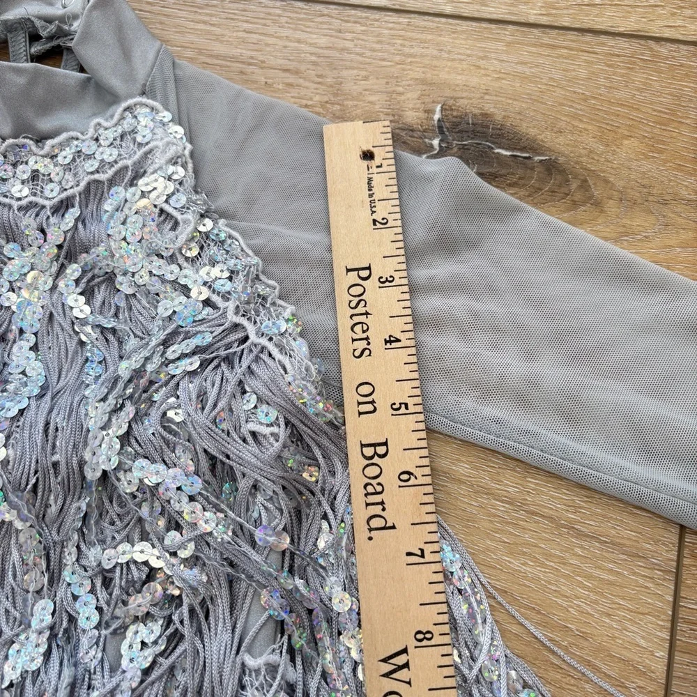 Weissman Silver Fringe Sequined Dance Skating Dress Costume size MC Flapper Tap